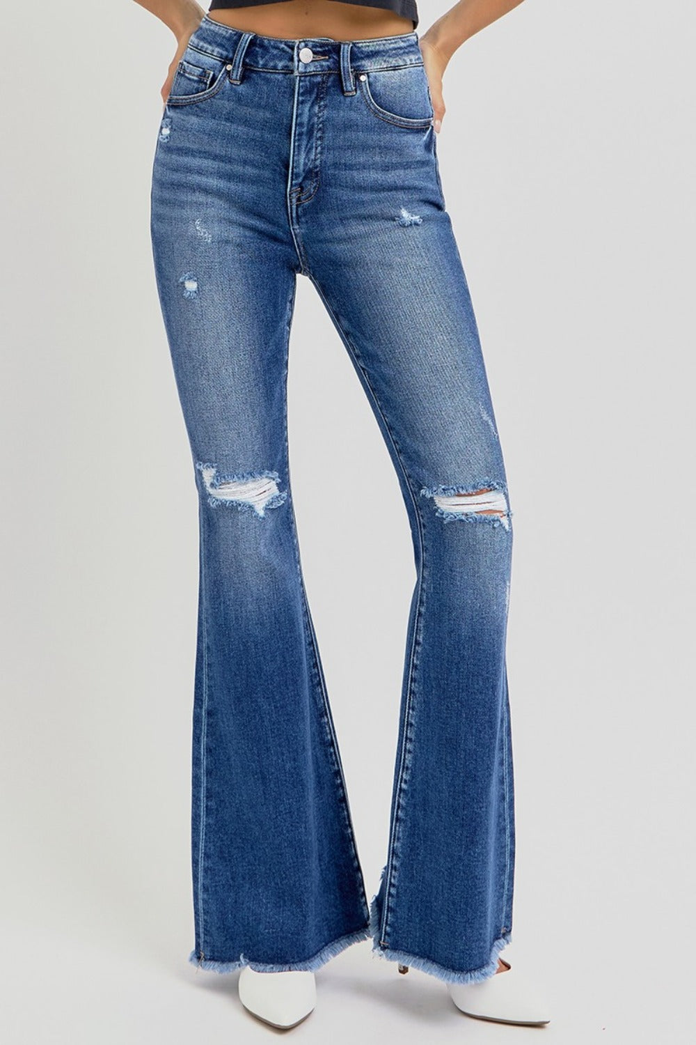 High Rise Distressed Raw Hem Flare Jeans