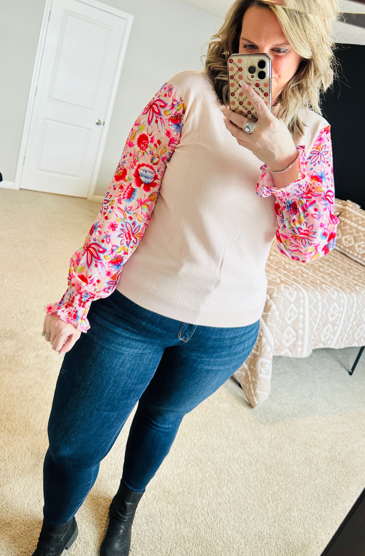 Blush Floral Sleeve Knit Top