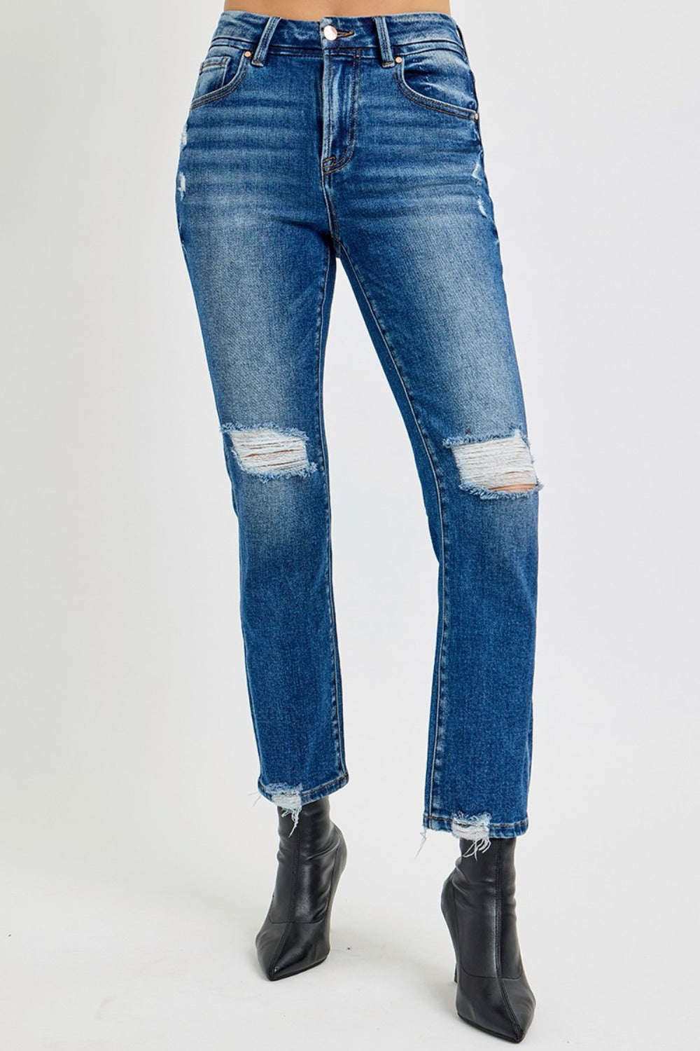 High Rise Distressed Crop Straight Jeans