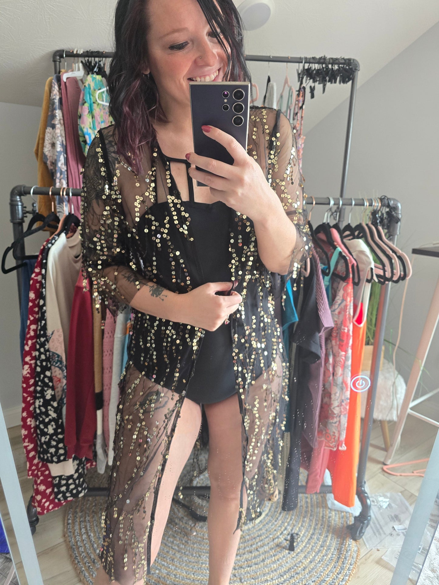 Black Sequin Sheer Kimono