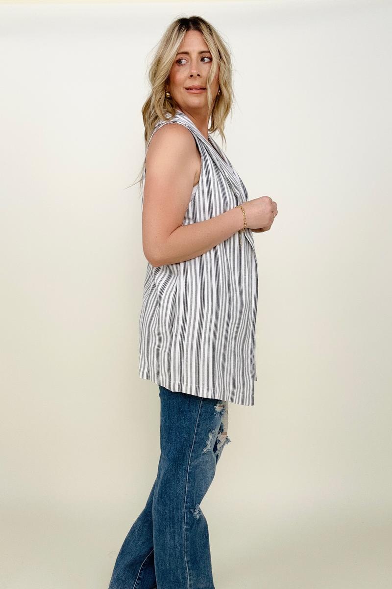 Cozy Co Linen Blend Striped Sleeveless Cardigan Vest